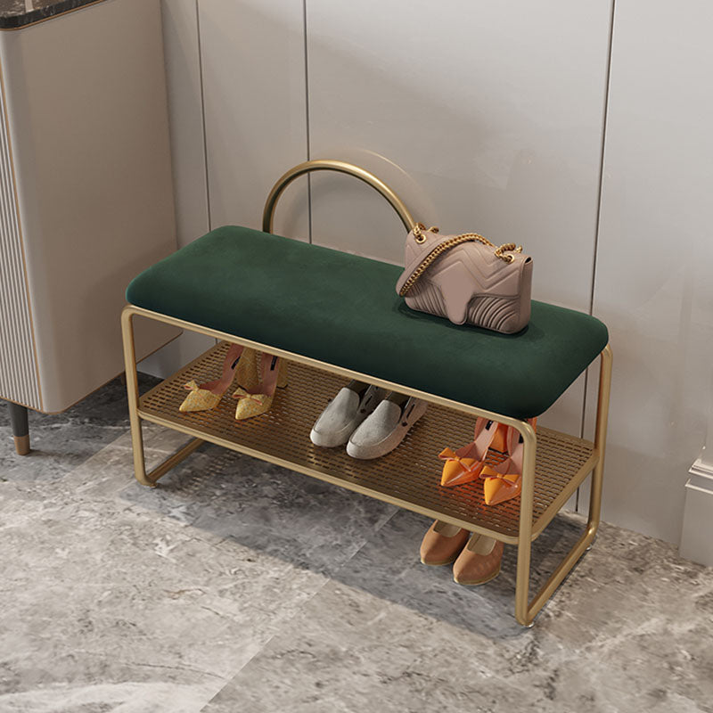 Glam Style Entryway Bench Cushioned Metal Seating Bench with Shelves