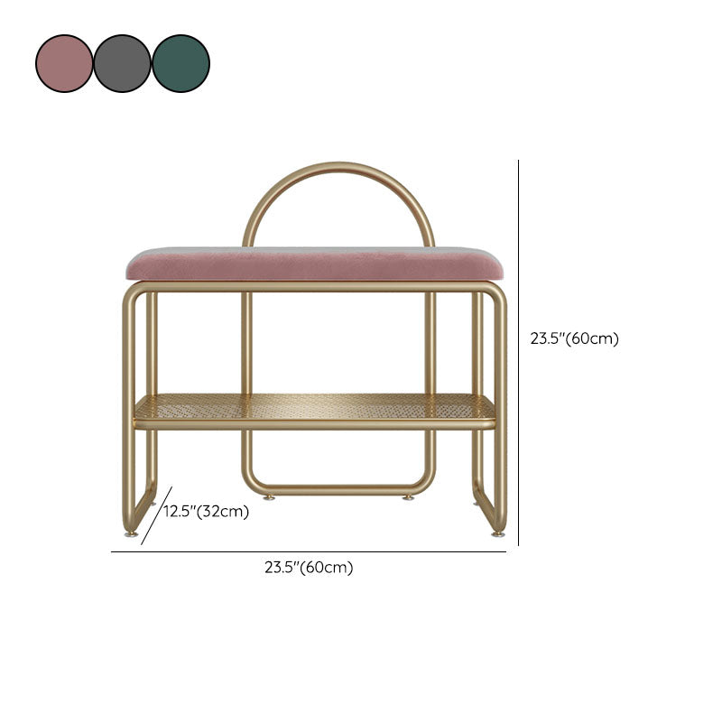 Glam Style Entryway Bench Cushioned Metal Seating Bench with Shelves