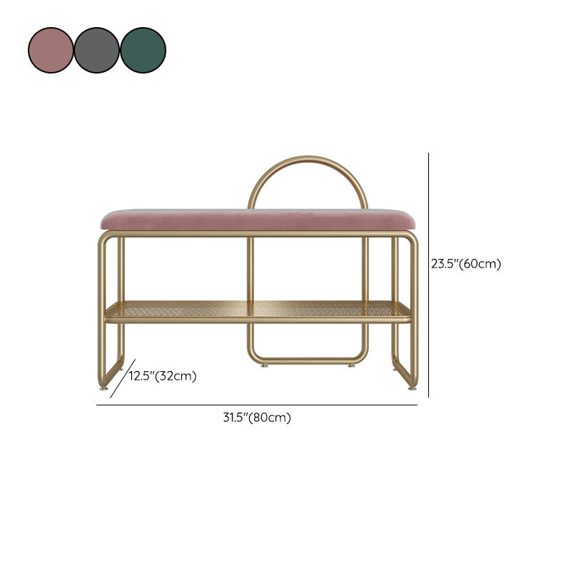 Glam Style Entryway Bench Cushioned Metal Seating Bench with Shelves