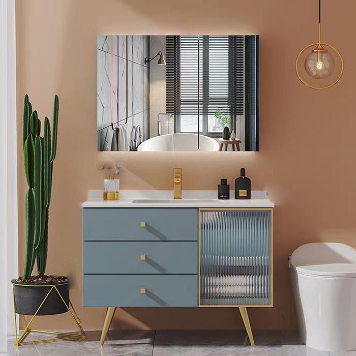 Freestanding Bathroom Vanity Blue Wood Frame Single Sink Rectangular Vanity with 3 Drawers