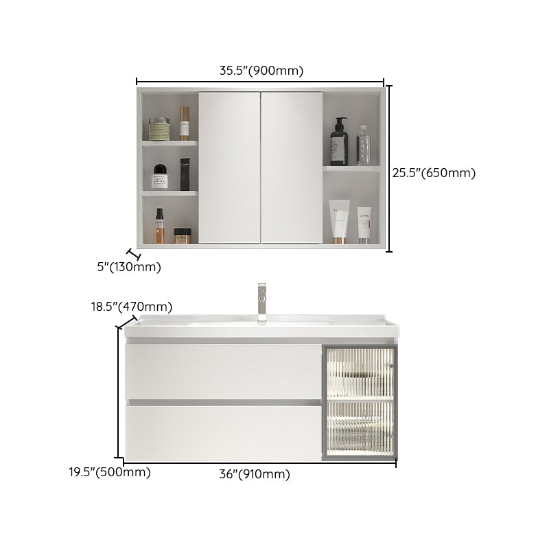 White Vanity Single Sink Rectangular 2 Drawers Wall-Mounted Bath Vanity with Mirror