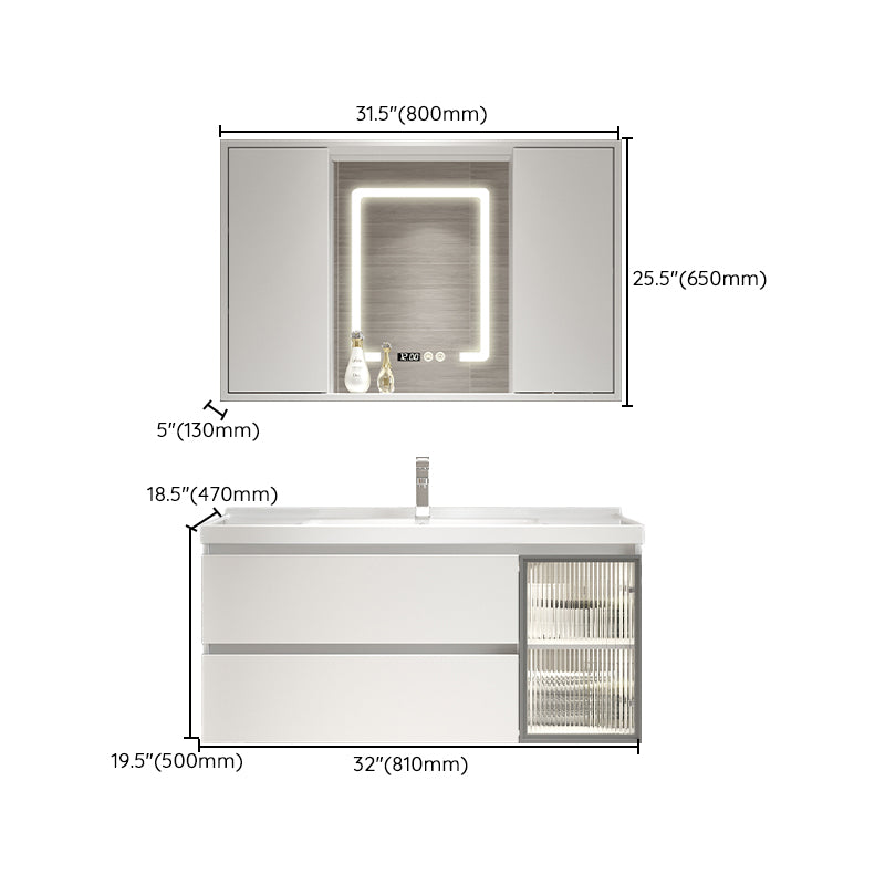 White Vanity Single Sink Rectangular 2 Drawers Wall-Mounted Bath Vanity with Mirror