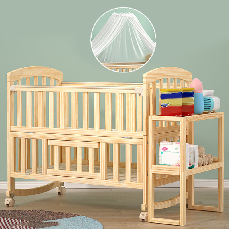 Scandinavian Pine Arched Baby Crib with Casters Wood Nursery Crib with Storage