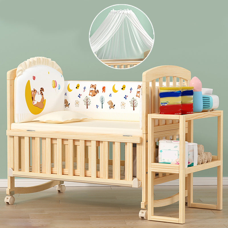 Scandinavian Pine Arched Baby Crib with Casters Wood Nursery Crib with Storage