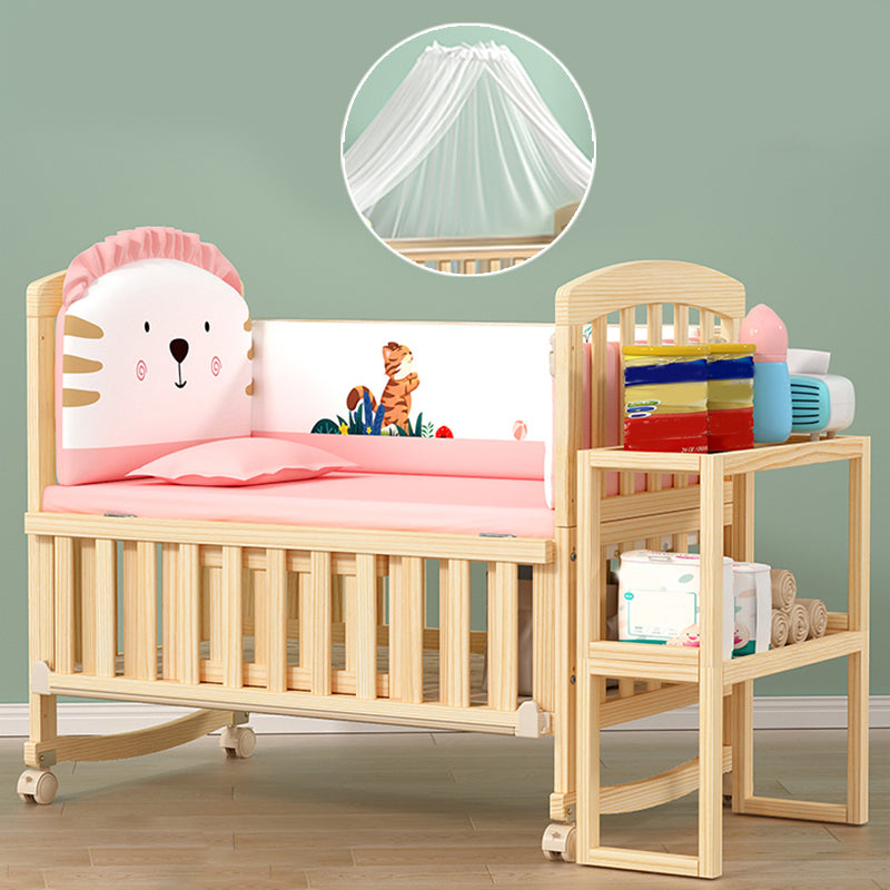 Scandinavian Pine Arched Baby Crib with Casters Wood Nursery Crib with Storage