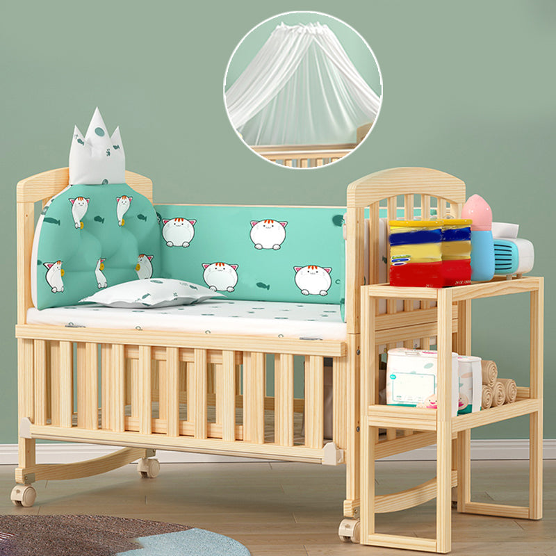 Scandinavian Pine Arched Baby Crib with Casters Wood Nursery Crib with Storage