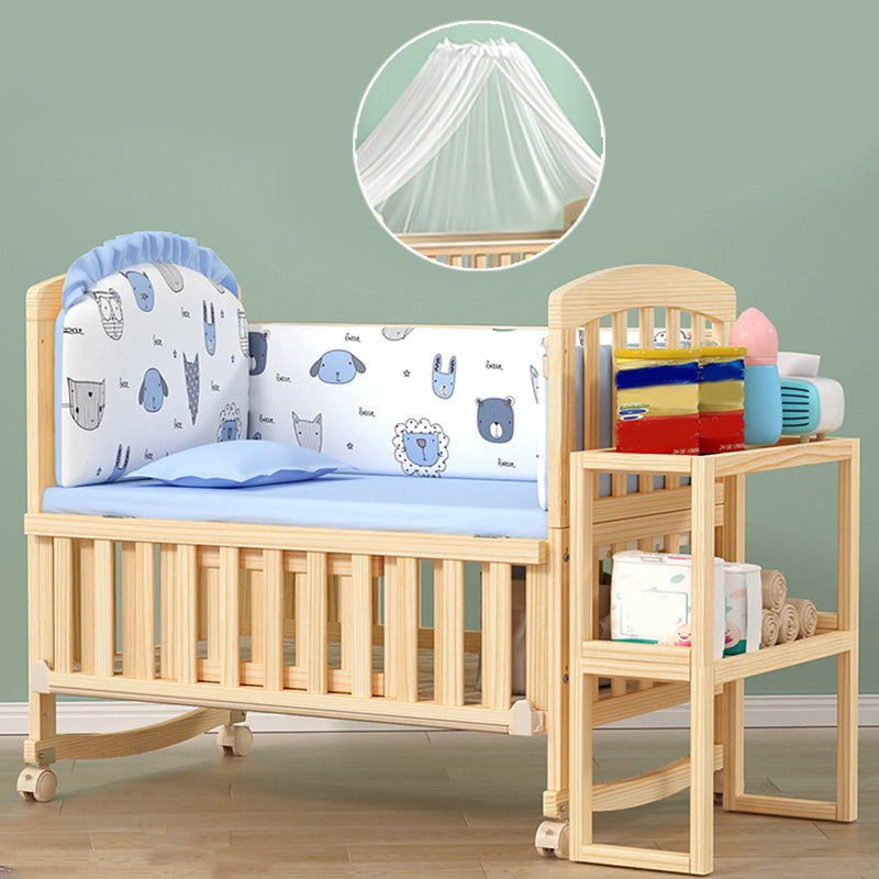 Scandinavian Pine Arched Baby Crib with Casters Wood Nursery Crib with Storage