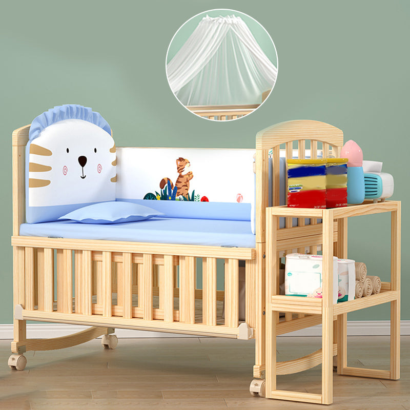 Scandinavian Pine Arched Baby Crib with Casters Wood Nursery Crib with Storage