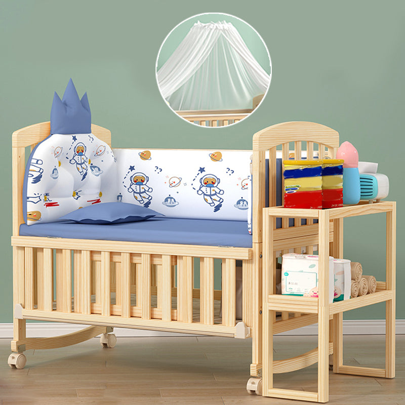 Scandinavian Pine Arched Baby Crib with Casters Wood Nursery Crib with Storage