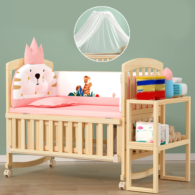 Scandinavian Pine Arched Baby Crib with Casters Wood Nursery Crib with Storage