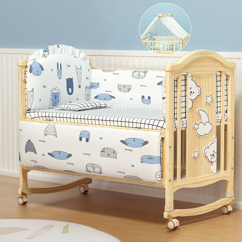 Pine Nursery Crib Scandinavian Baby Crib with with Guardrail and Mattress