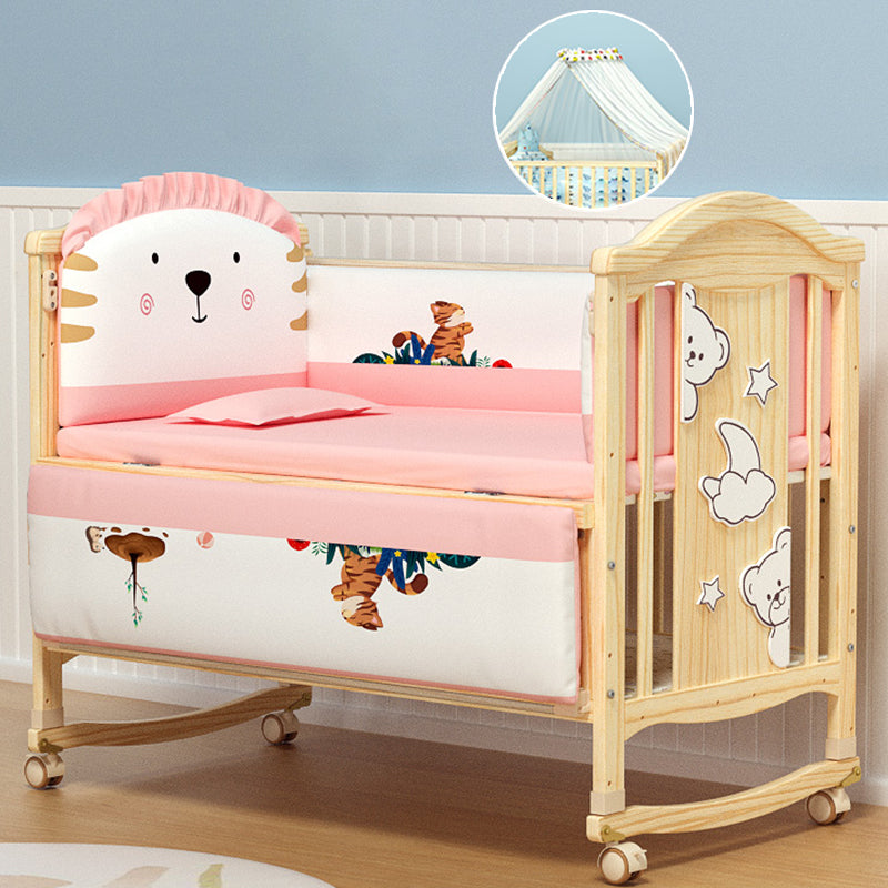 Pine Nursery Crib Scandinavian Baby Crib with with Guardrail and Mattress