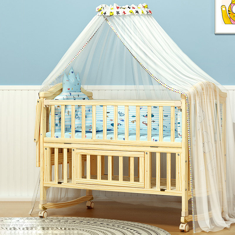 Pine Nursery Crib Scandinavian Baby Crib with with Guardrail and Mattress