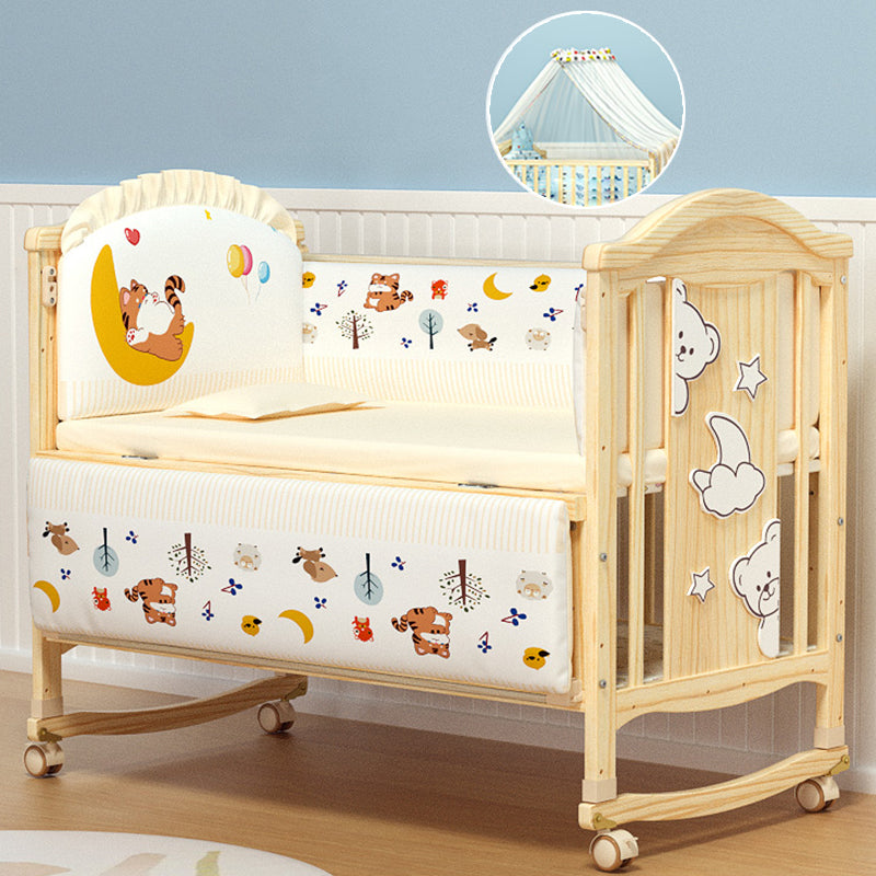 Pine Nursery Crib Scandinavian Baby Crib with with Guardrail and Mattress