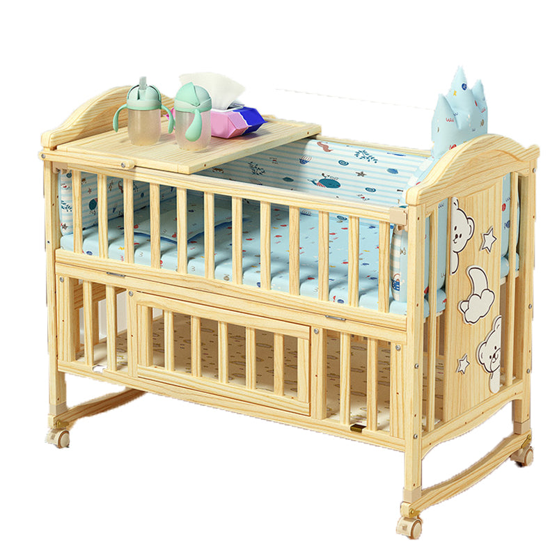 Pine Nursery Crib Scandinavian Baby Crib with with Guardrail and Mattress