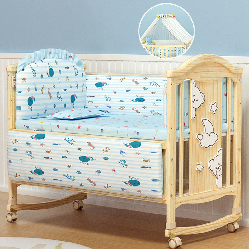 Pine Nursery Crib Scandinavian Baby Crib with with Guardrail and Mattress