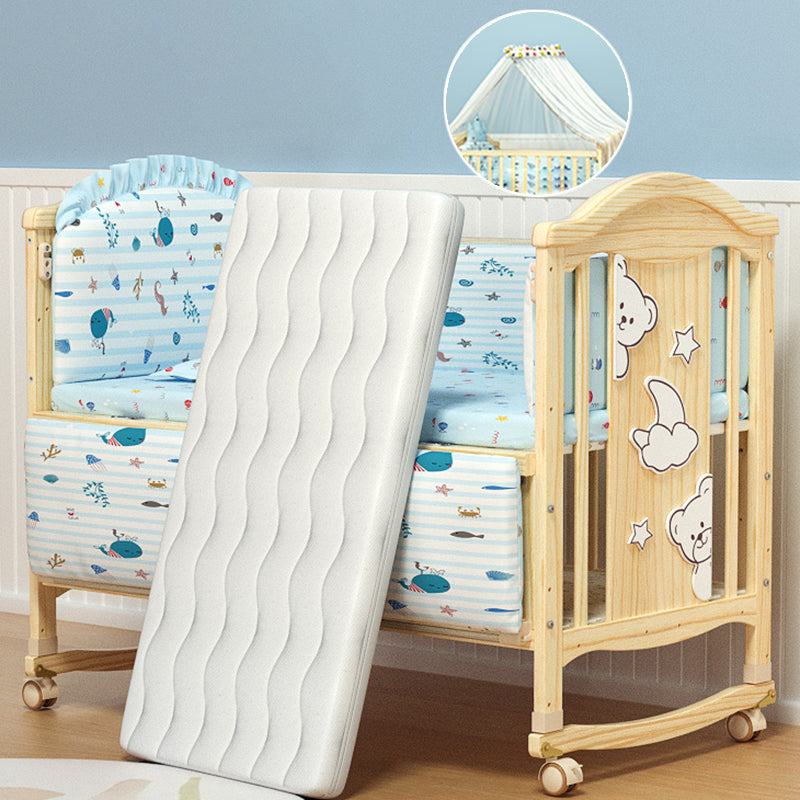 Pine Nursery Crib Scandinavian Baby Crib with with Guardrail and Mattress