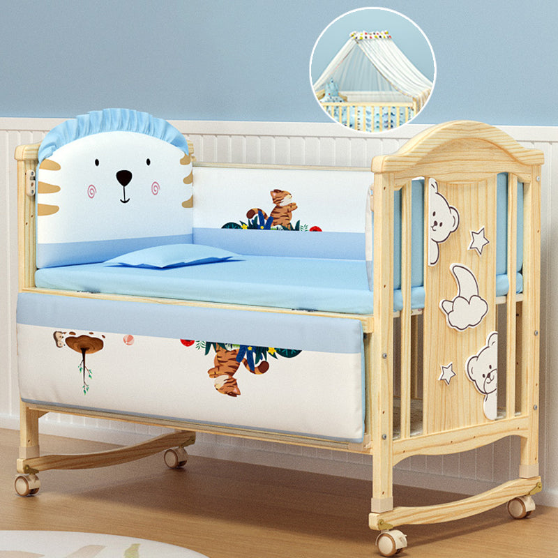 Pine Nursery Crib Scandinavian Baby Crib with with Guardrail and Mattress