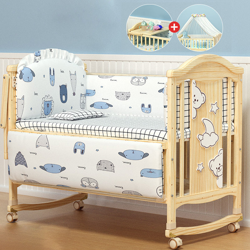 Pine Nursery Crib Scandinavian Baby Crib with with Guardrail and Mattress