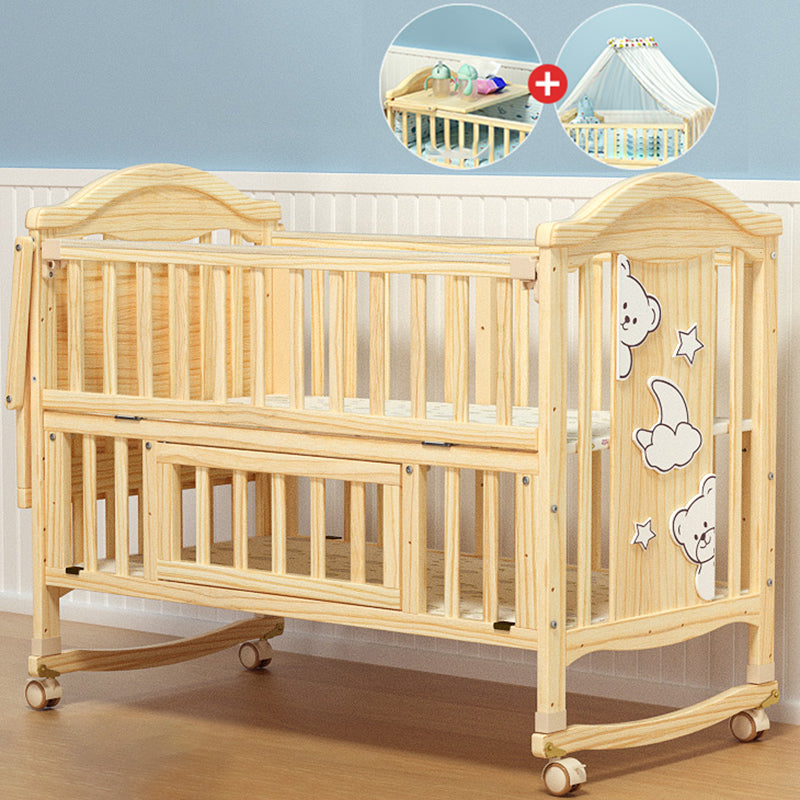 Pine Nursery Crib Scandinavian Baby Crib with with Guardrail and Mattress