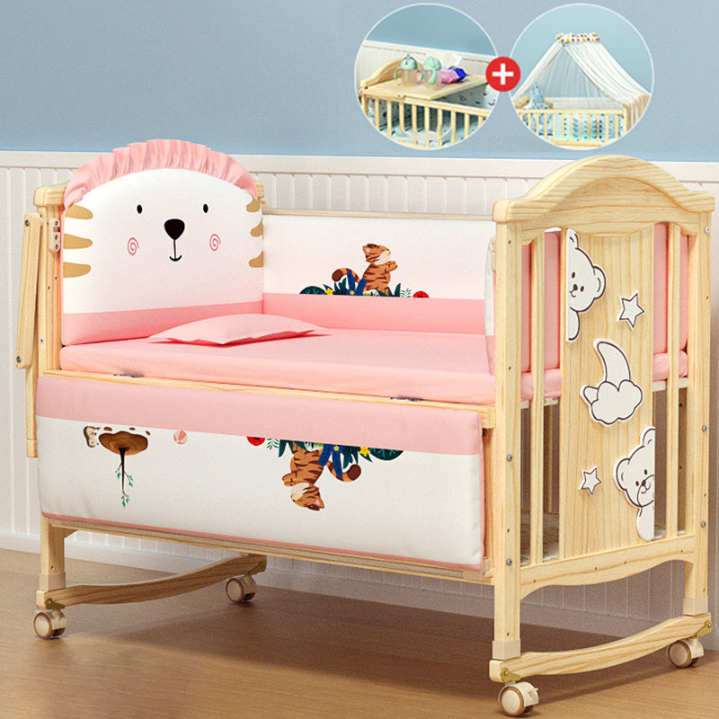 Pine Nursery Crib Scandinavian Baby Crib with with Guardrail and Mattress