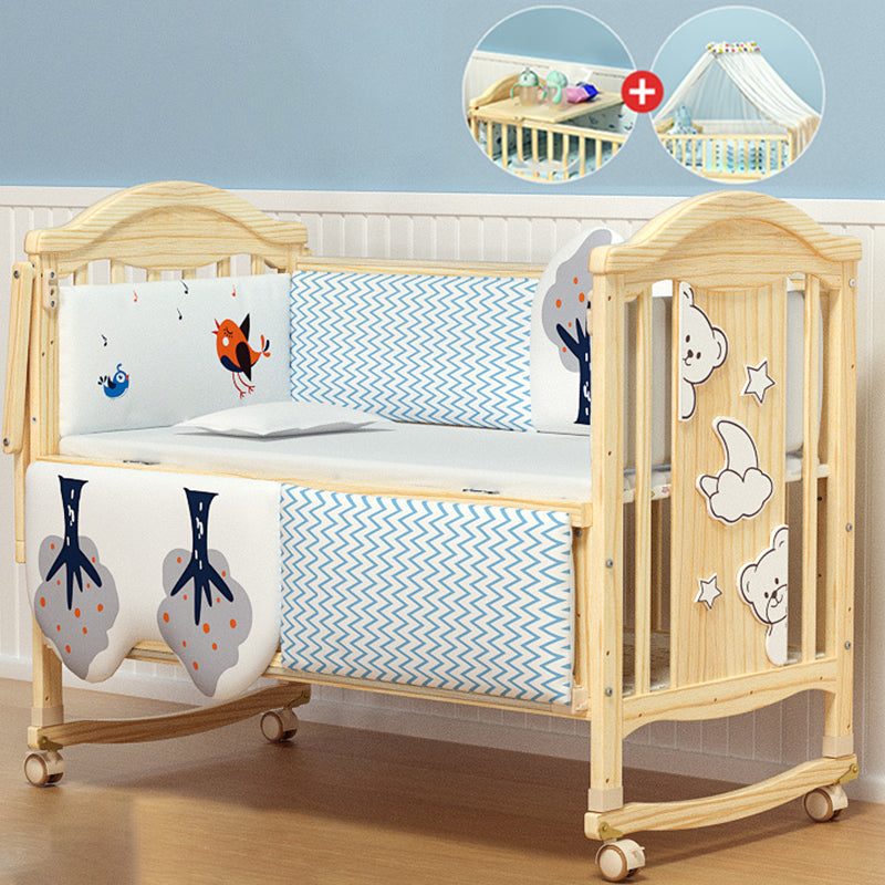 Pine Nursery Crib Scandinavian Baby Crib with with Guardrail and Mattress