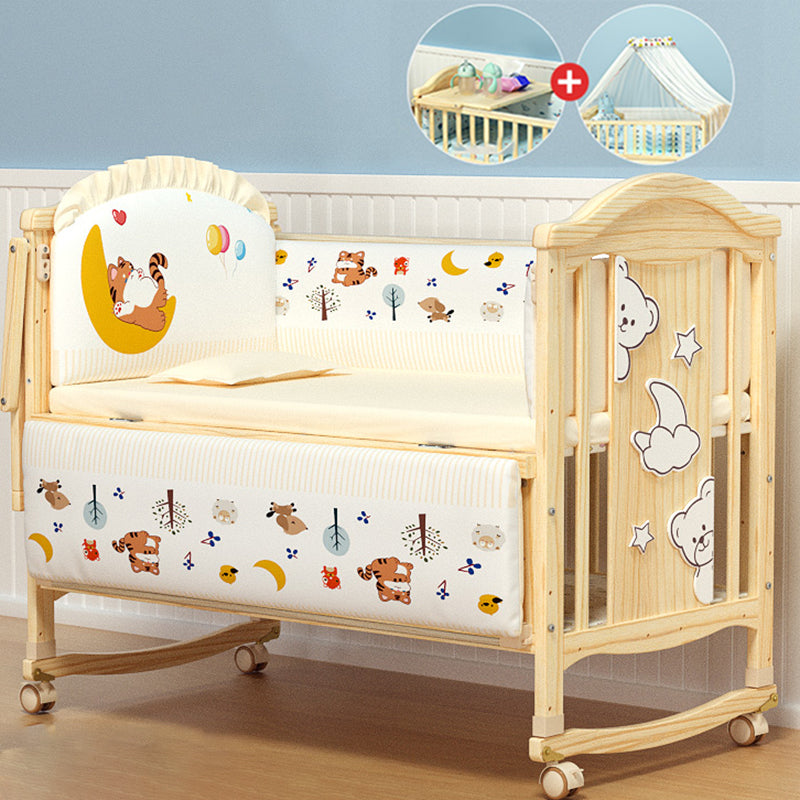 Pine Nursery Crib Scandinavian Baby Crib with with Guardrail and Mattress