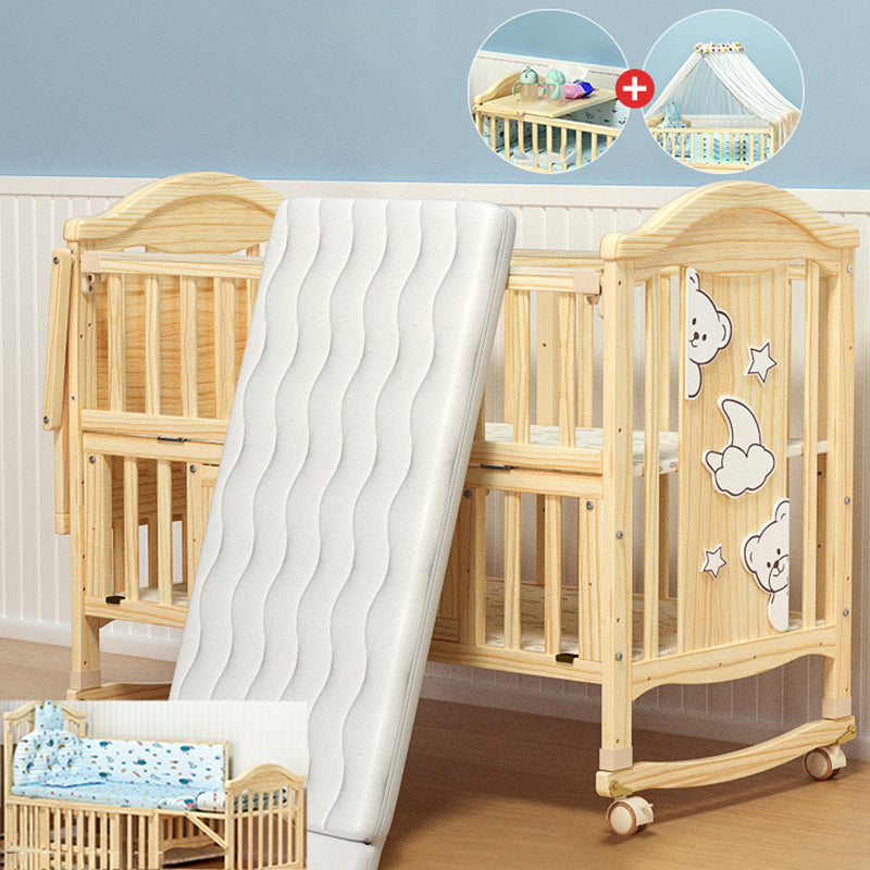 Pine Nursery Crib Scandinavian Baby Crib with with Guardrail and Mattress