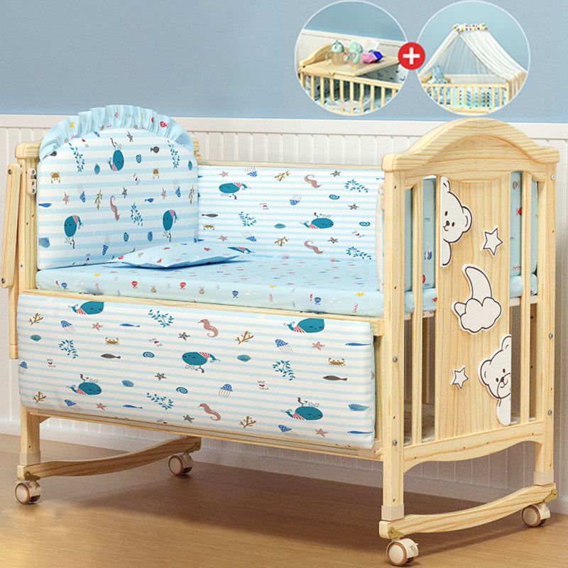 Pine Nursery Crib Scandinavian Baby Crib with with Guardrail and Mattress