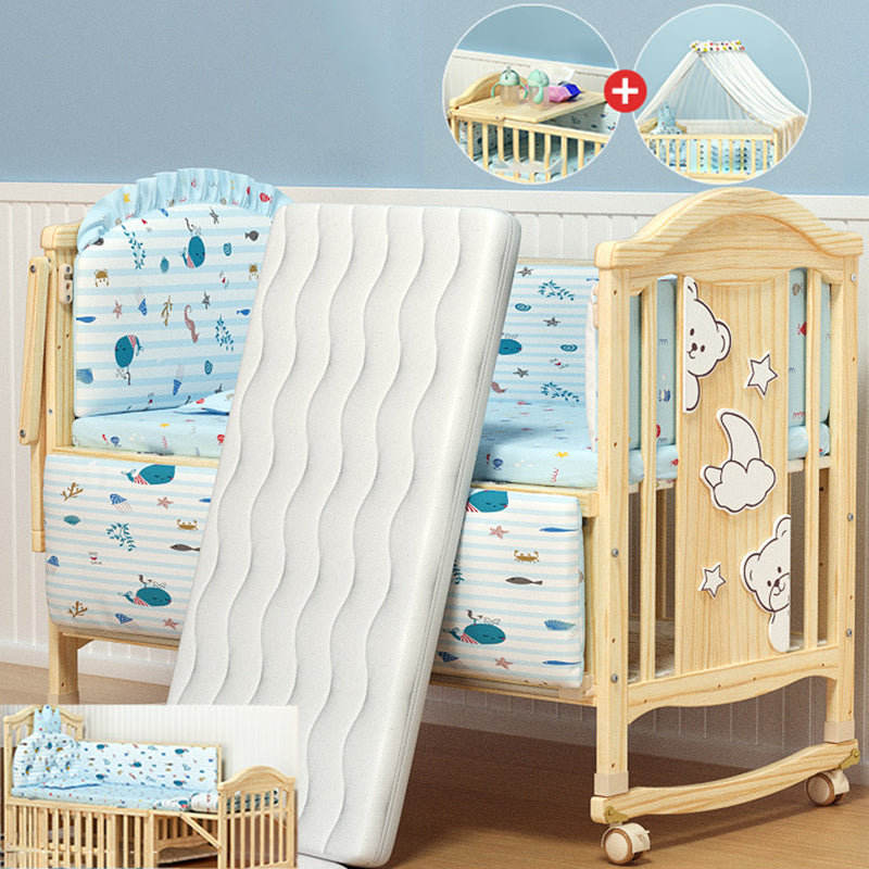 Pine Nursery Crib Scandinavian Baby Crib with with Guardrail and Mattress