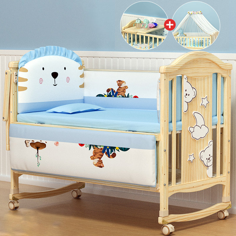 Pine Nursery Crib Scandinavian Baby Crib with with Guardrail and Mattress