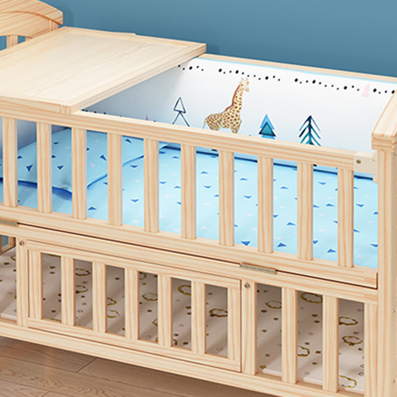 Scandinavian Wood Baby Crib Pine Light Wood Nursery Crib with Storage