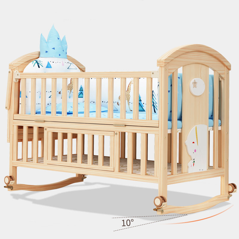 Scandinavian Wood Baby Crib Pine Light Wood Nursery Crib with Storage