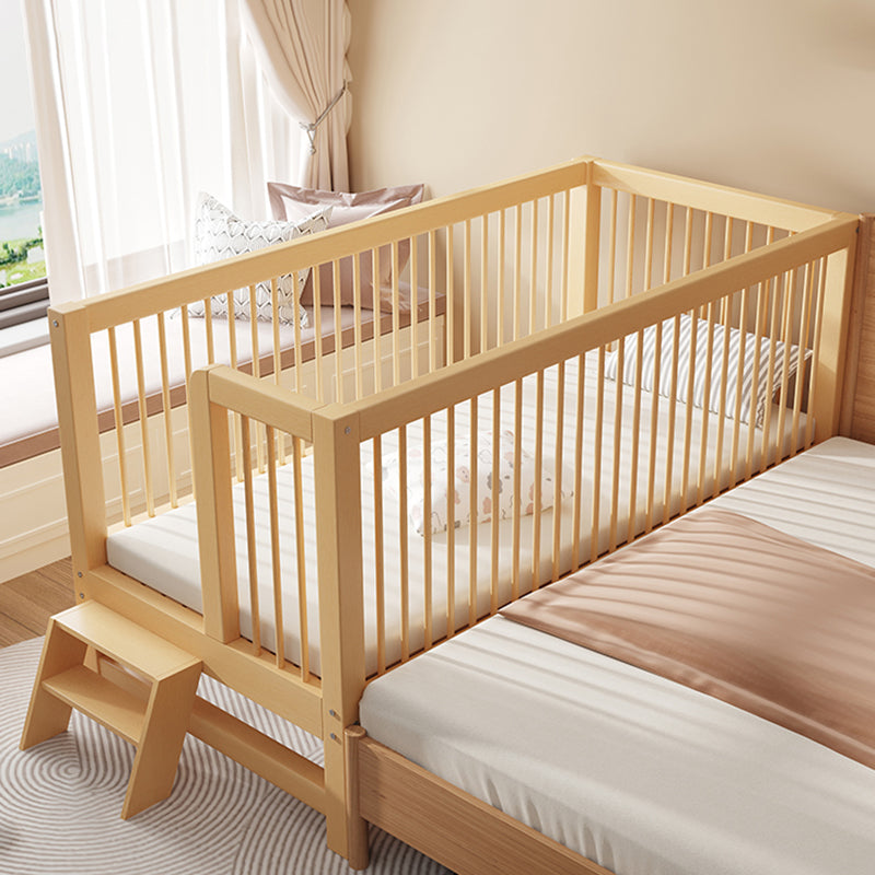 Modern Beech Baby Crib Light Wood Nursery Bed with Guardrail