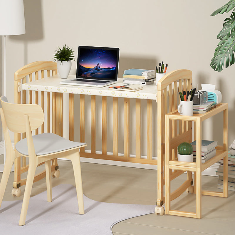 Solid Wood Convertible Crib in Natural Wooden Crib with Wheels and Storage