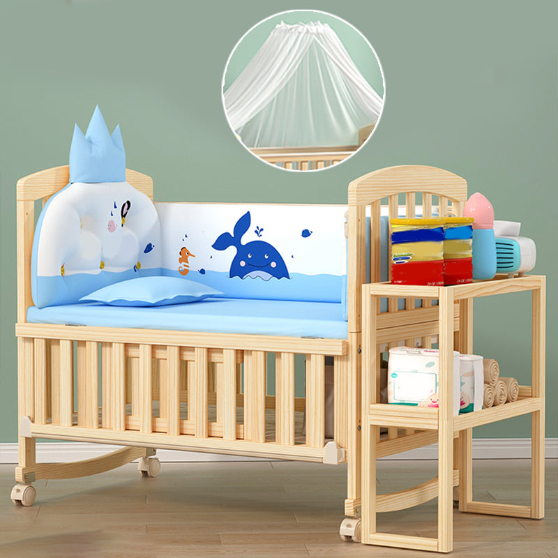 Solid Wood Convertible Crib in Natural Wooden Crib with Wheels and Storage