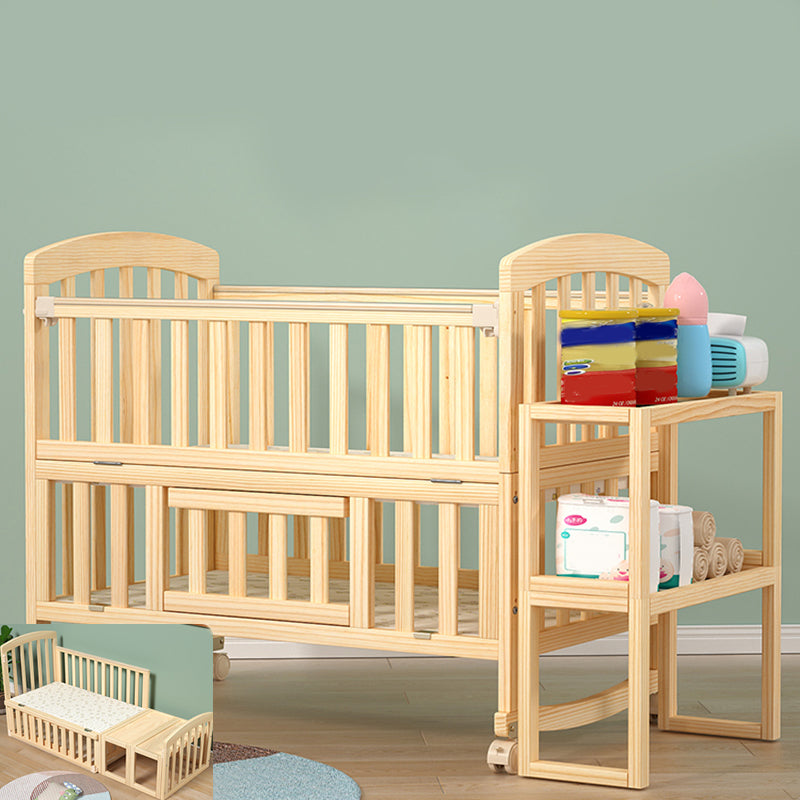 Solid Wood Convertible Crib in Natural Wooden Crib with Wheels and Storage