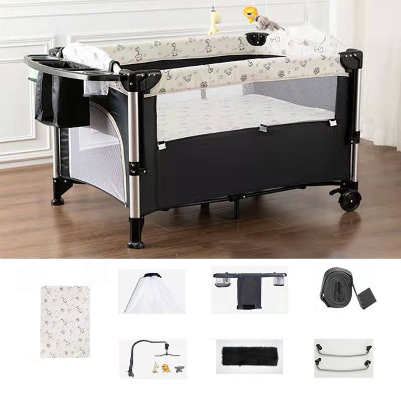 2-in-1 Folding Crib in Black Mini Crib With Wheels and Storage