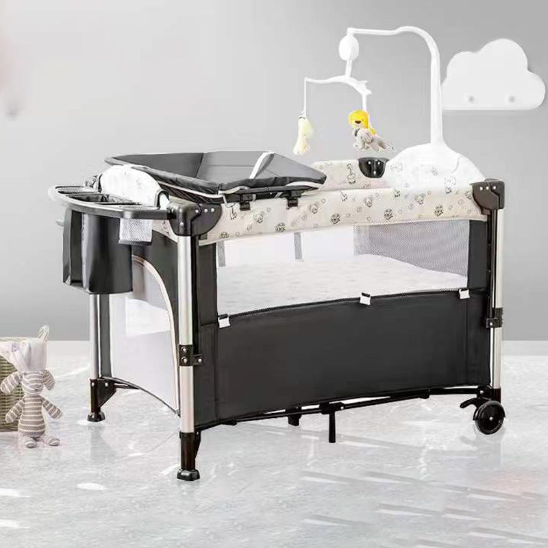 2-in-1 Folding Crib in Black Mini Crib With Wheels and Storage