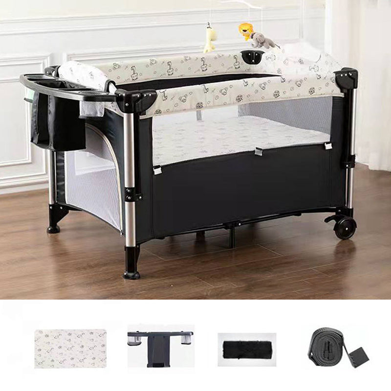 2-in-1 Folding Crib in Black Mini Crib With Wheels and Storage