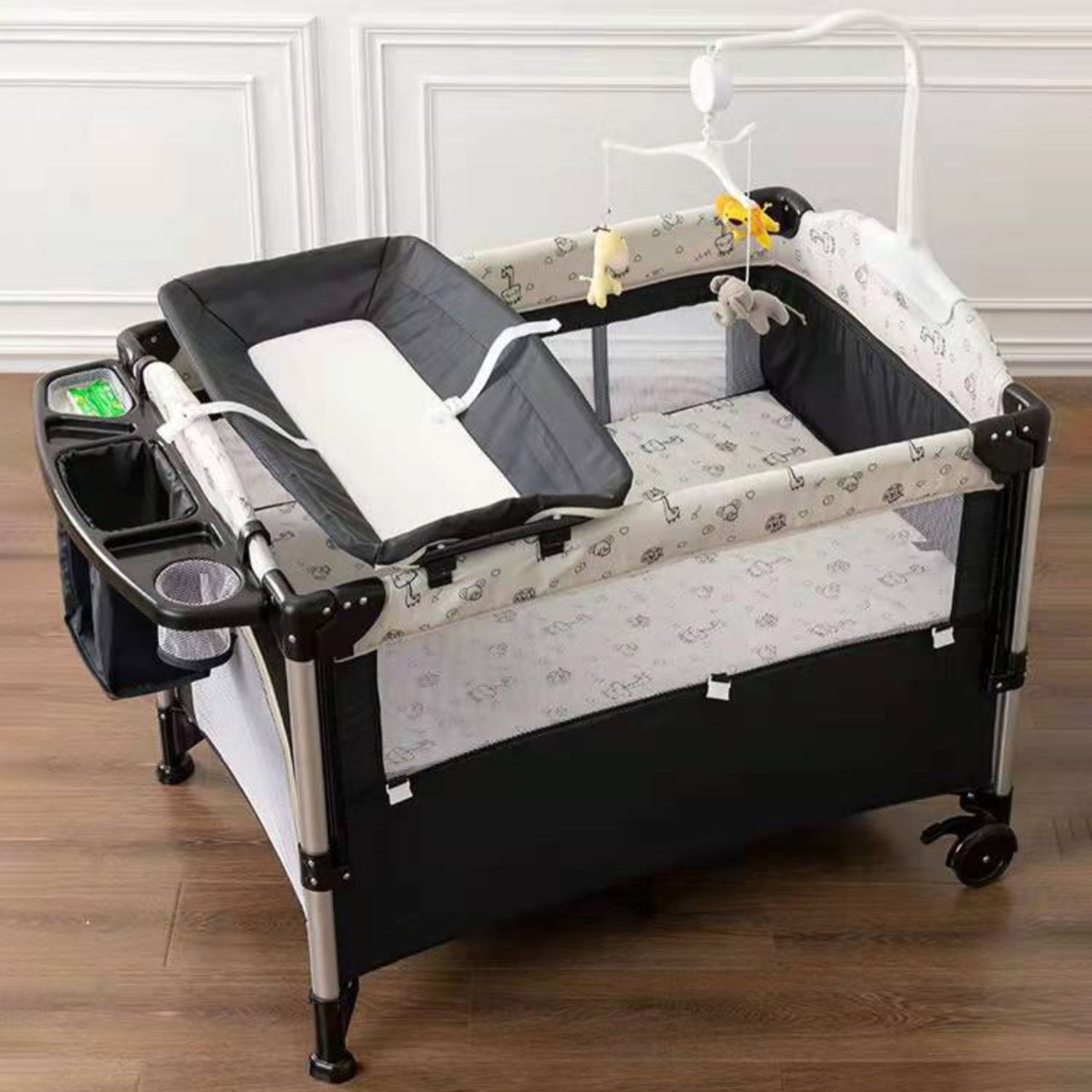 2-in-1 Folding Crib in Black Mini Crib With Wheels and Storage