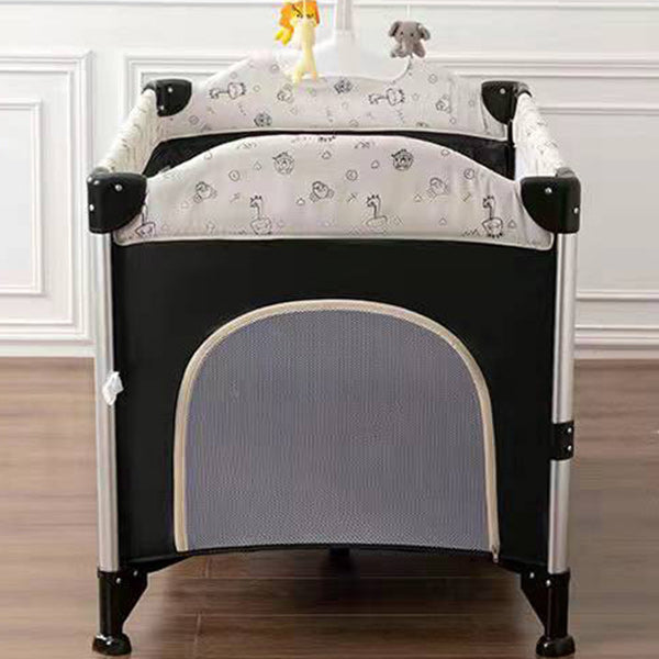 2-in-1 Folding Crib in Black Mini Crib With Wheels and Storage