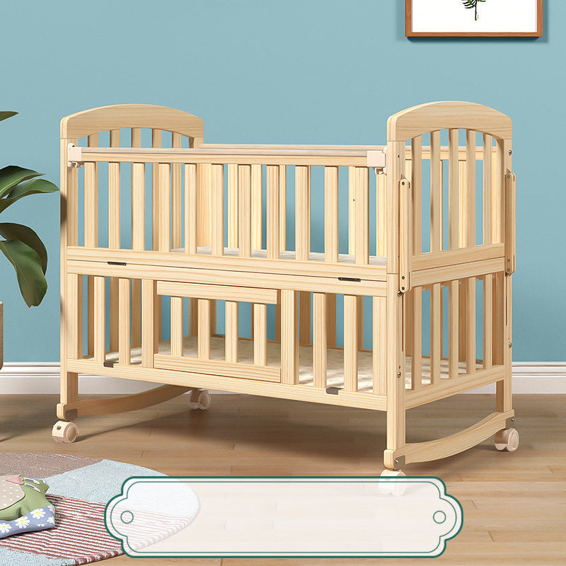 Pine Convertible Baby Crib Wood Nursery Crib with Guardrail and Wheels