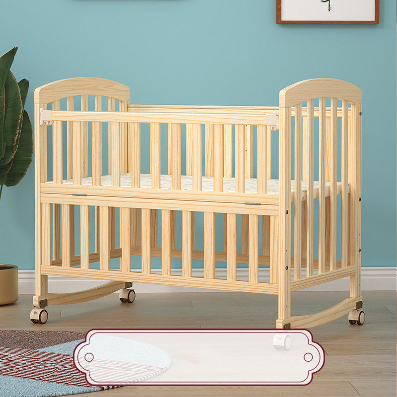 Pine Convertible Baby Crib Wood Nursery Crib with Guardrail and Wheels