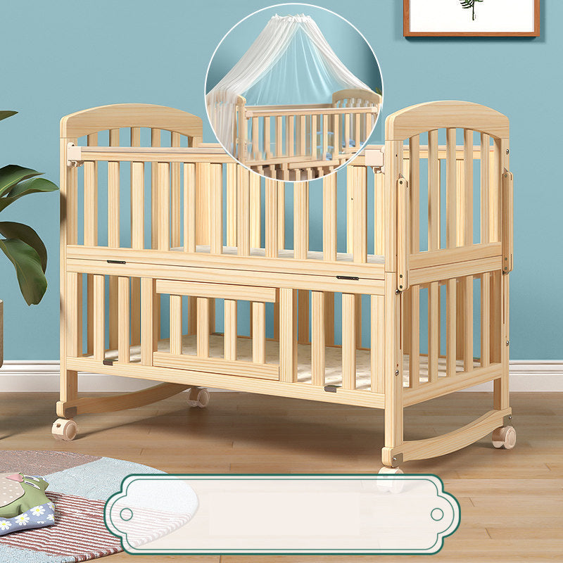 Pine Convertible Baby Crib Wood Nursery Crib with Guardrail and Wheels