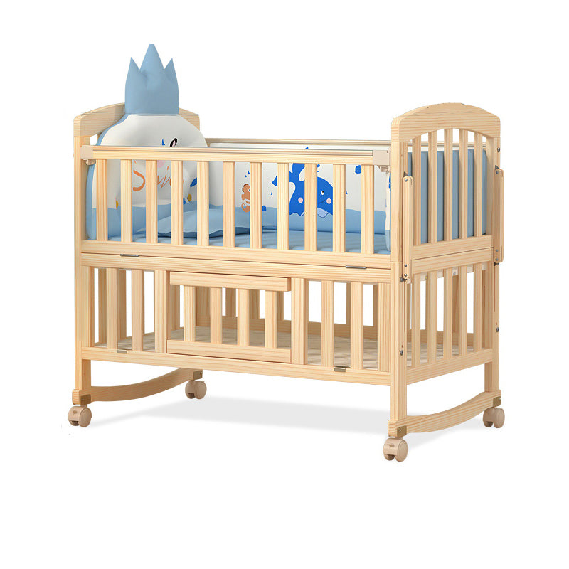 Pine Convertible Baby Crib Wood Nursery Crib with Guardrail and Wheels