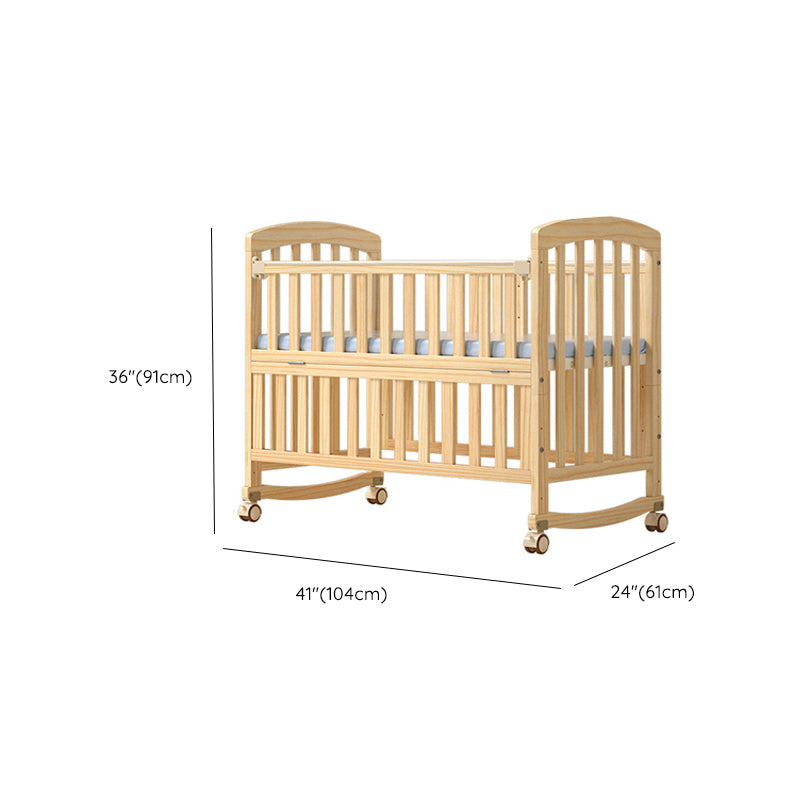 Pine Convertible Baby Crib Wood Nursery Crib with Guardrail and Wheels