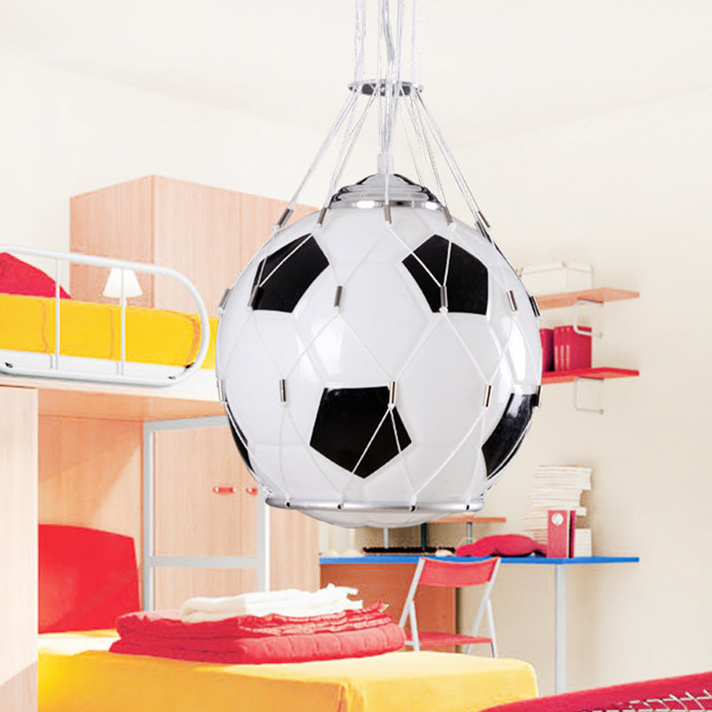 Cartoon Football Hanging Light White Glass 1 Light Kids Room Pendant Lamp in Black with Mesh