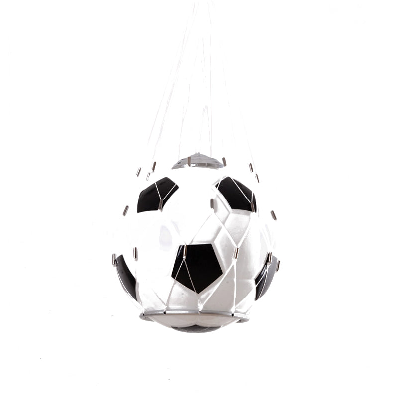 Cartoon Football Hanging Light White Glass 1 Light Kids Room Pendant Lamp in Black with Mesh