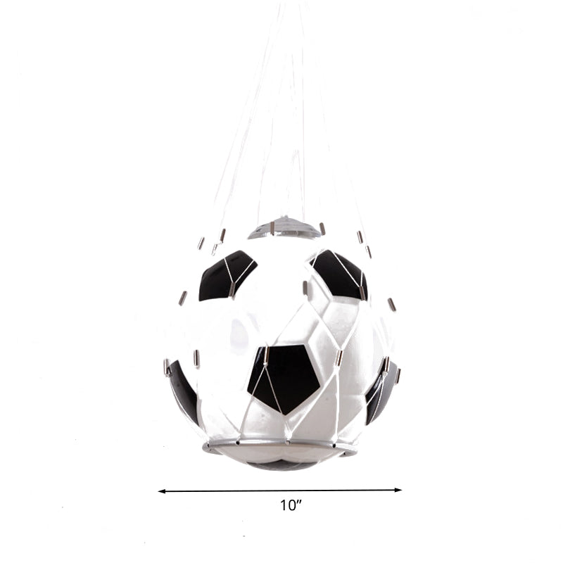 Cartoon Football Hanging Light White Glass 1 Light Kids Room Pendant Lamp in Black with Mesh